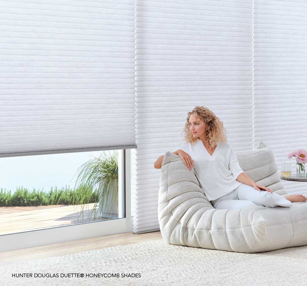 woman in living room with energy-efficient shades